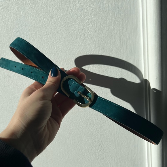 Maison Boinet Skinny Nubuck Leather Belt in Deep Turquoise w Gold Buckle 75 - Picture 5 of 16